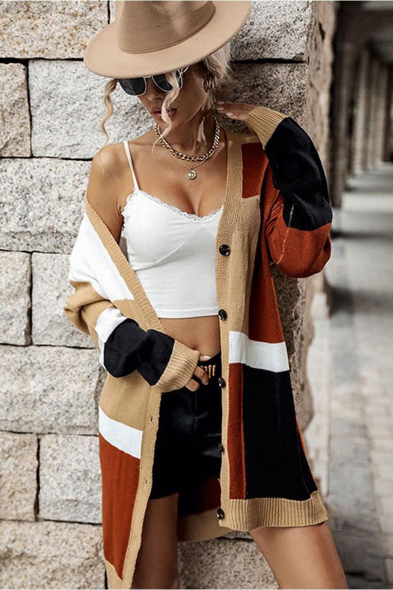 COLOR BLOCK BUTTON DOWN DANDY CARDIGAN - Doublju