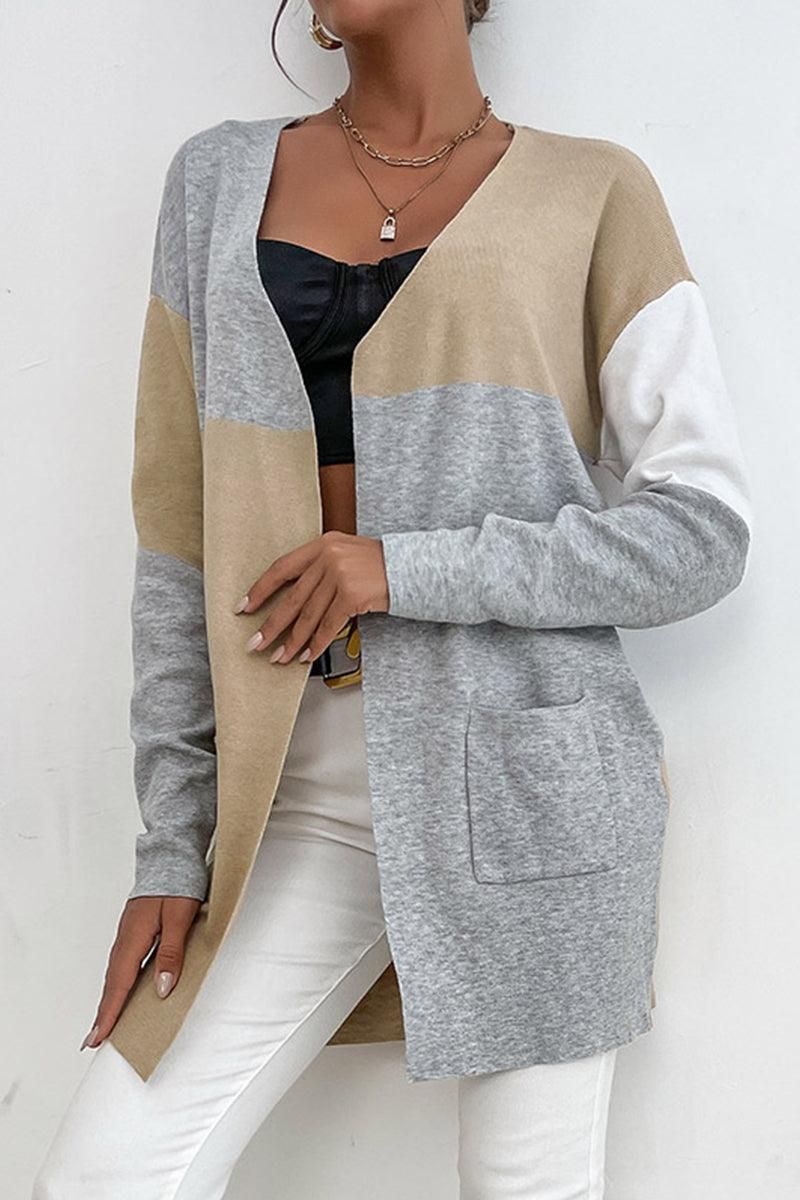 COLOR BLOCK OPEN FRONT CARDIGAN WITH POCKETS - Doublju