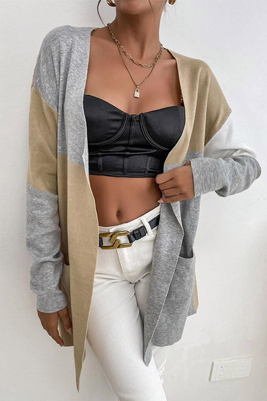 COLOR BLOCK OPEN FRONT CARDIGAN WITH POCKETS - Doublju