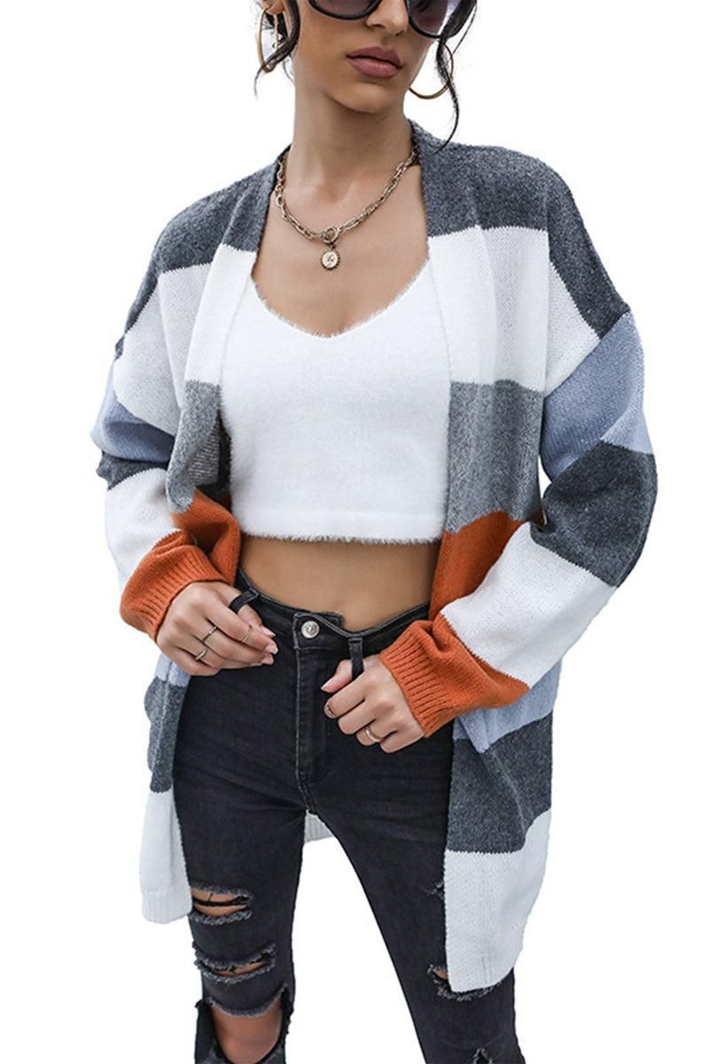 CASUAL COLOR BLOCK OPEN FRONT CARDIGAN - Doublju