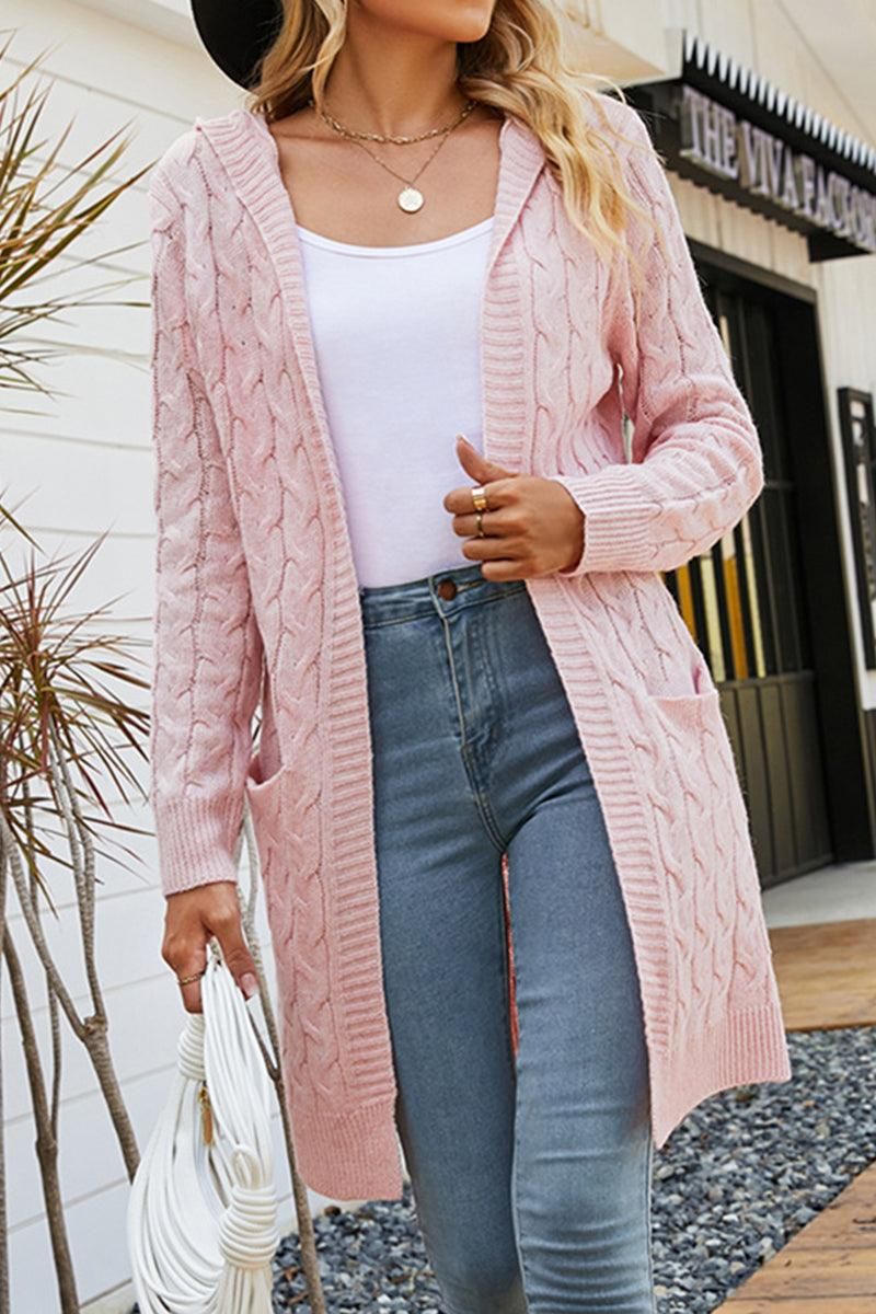 CABLE KNIT OPEN FRONT CARDIGAN WITH POCKETS - Doublju