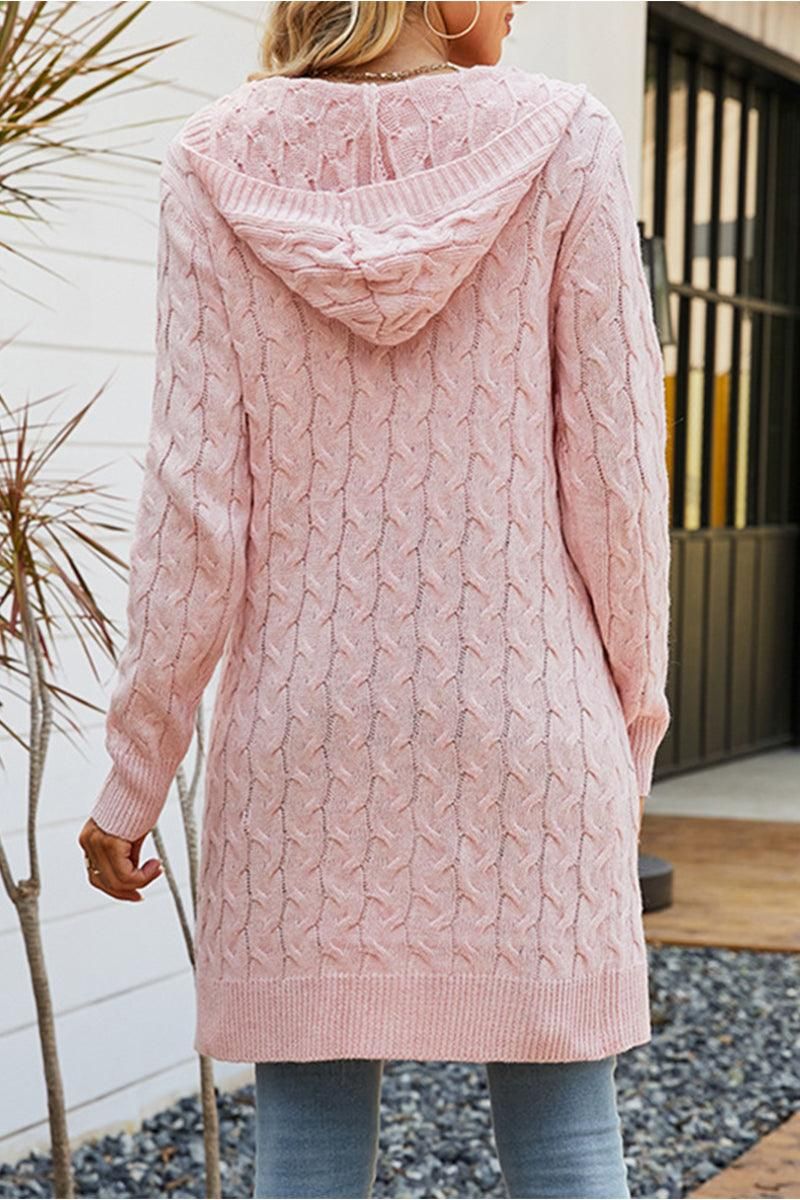 CABLE KNIT OPEN FRONT CARDIGAN WITH POCKETS - Doublju