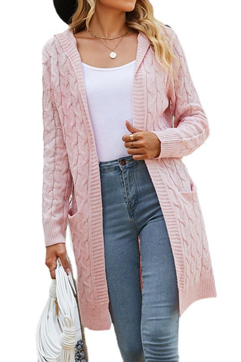CABLE KNIT OPEN FRONT CARDIGAN WITH POCKETS - Doublju