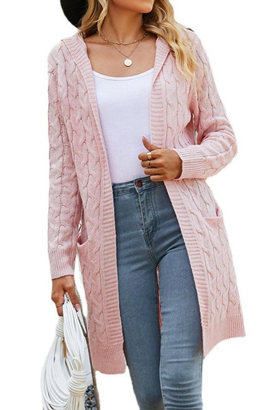 CABLE KNIT OPEN FRONT CARDIGAN WITH POCKETS - Doublju
