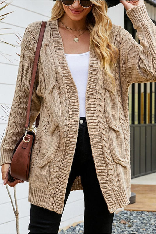 OPEN FRONT CABLE KNITTED CASUAL CARDIGAN - Doublju
