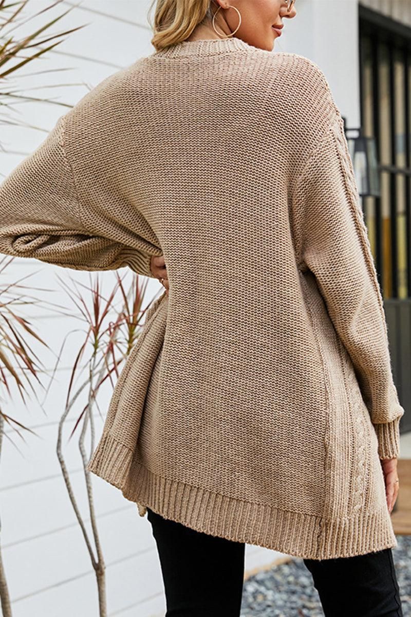 OPEN FRONT CABLE KNITTED CASUAL CARDIGAN - Doublju