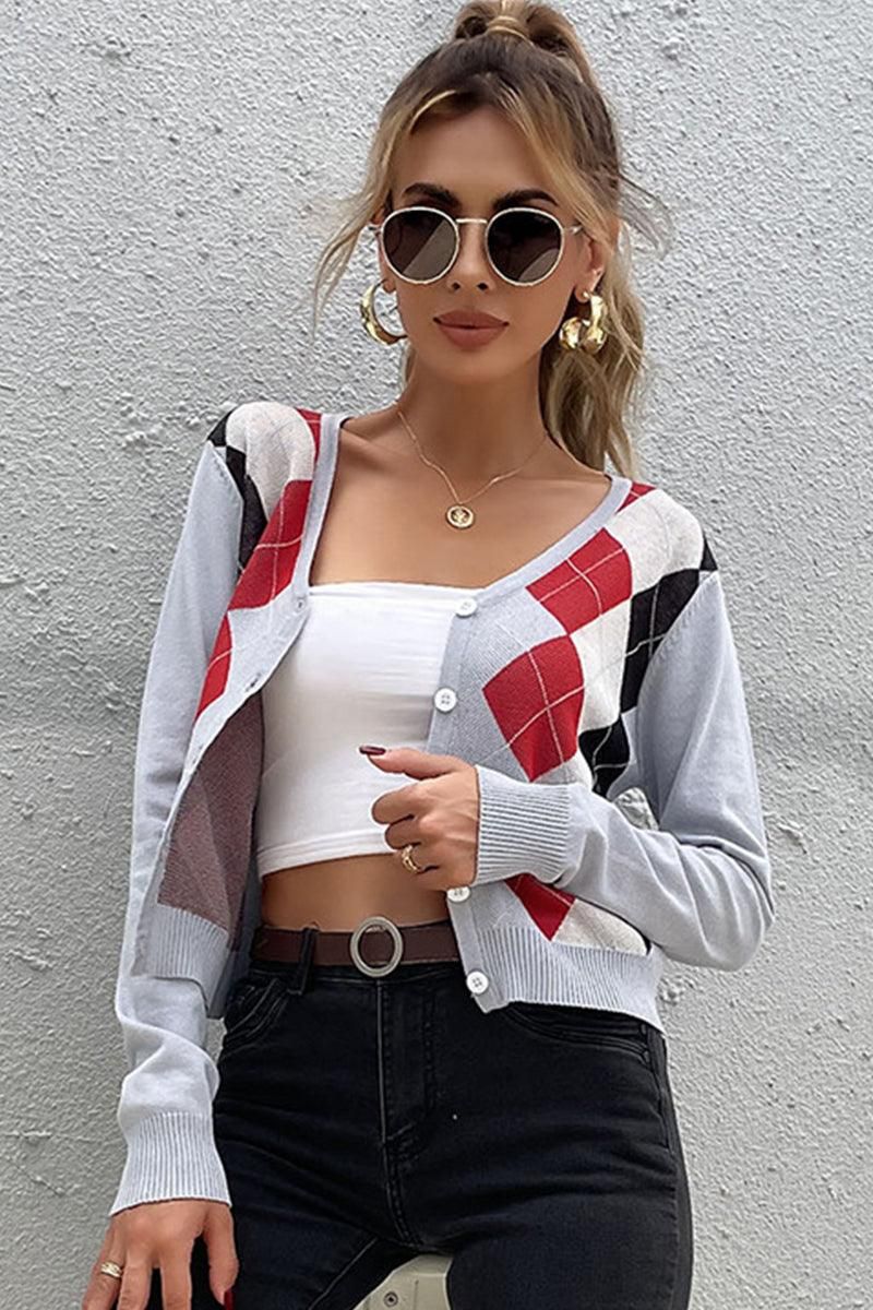 COLOR PATTERNED BUTTON DOWN COZY CARDIGAN - Doublju