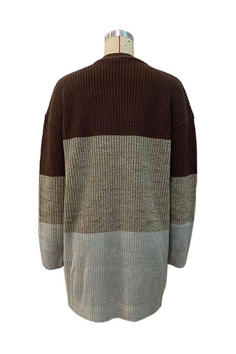 LONG SLEEVE COLOR BLOCK CARDIGAN COAT - Doublju