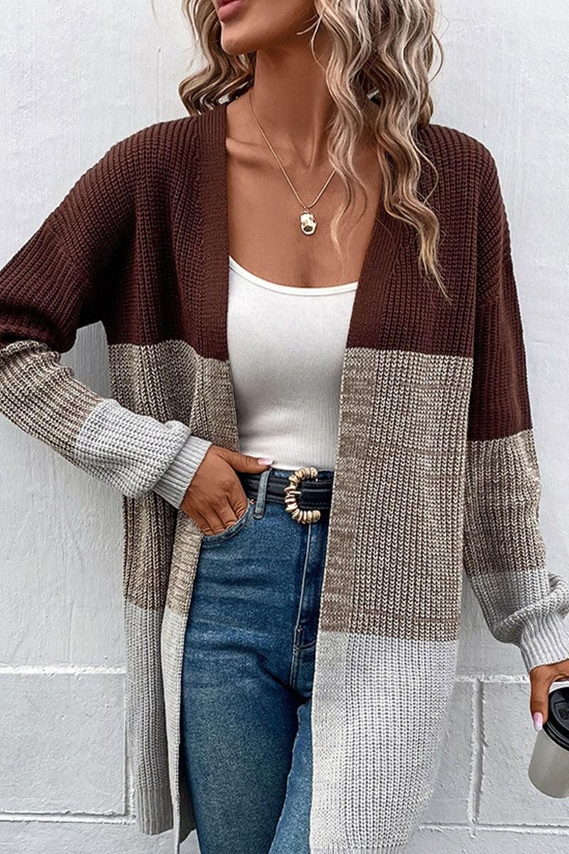 LONG SLEEVE COLOR BLOCK CARDIGAN COAT - Doublju