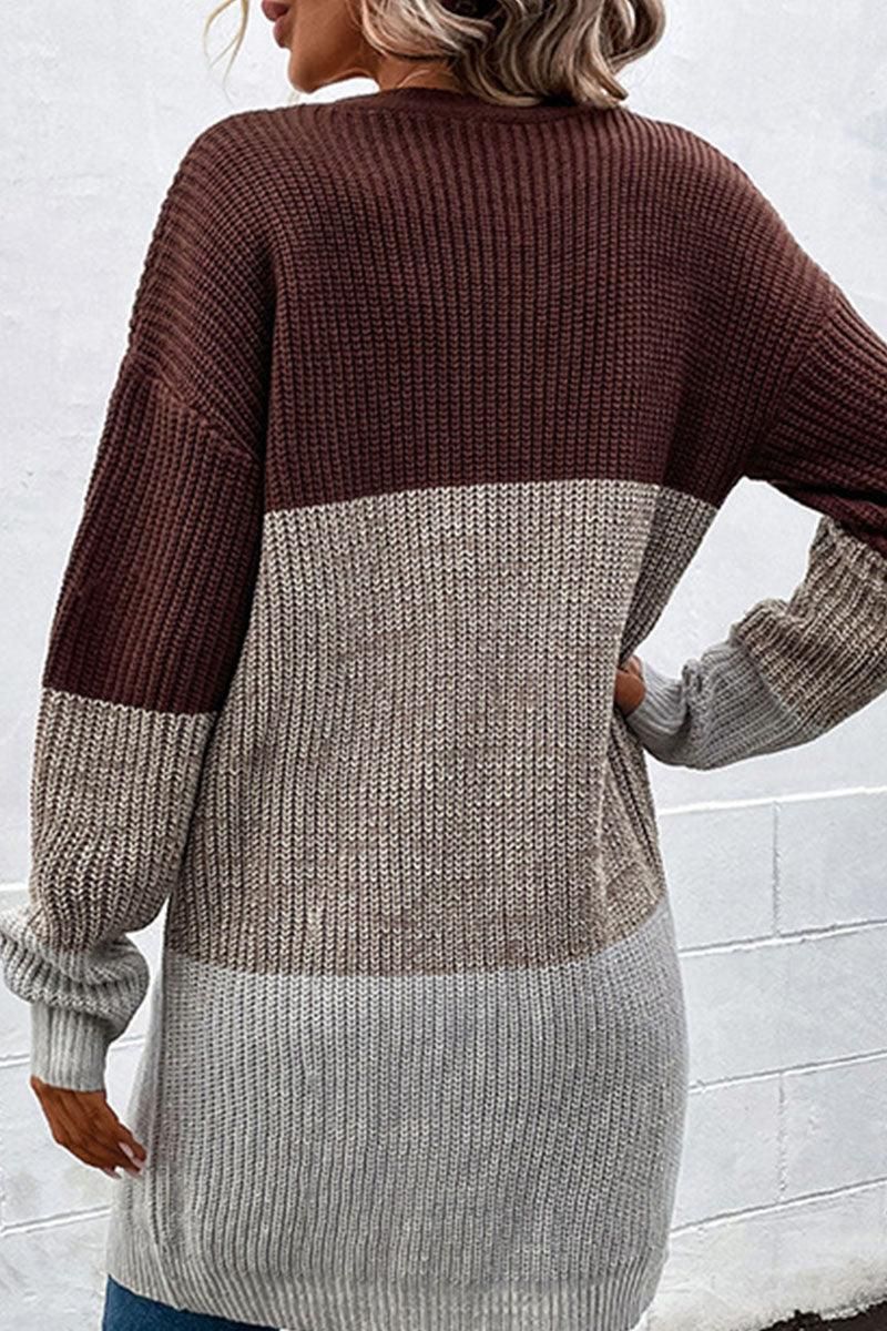 LONG SLEEVE COLOR BLOCK CARDIGAN COAT - Doublju