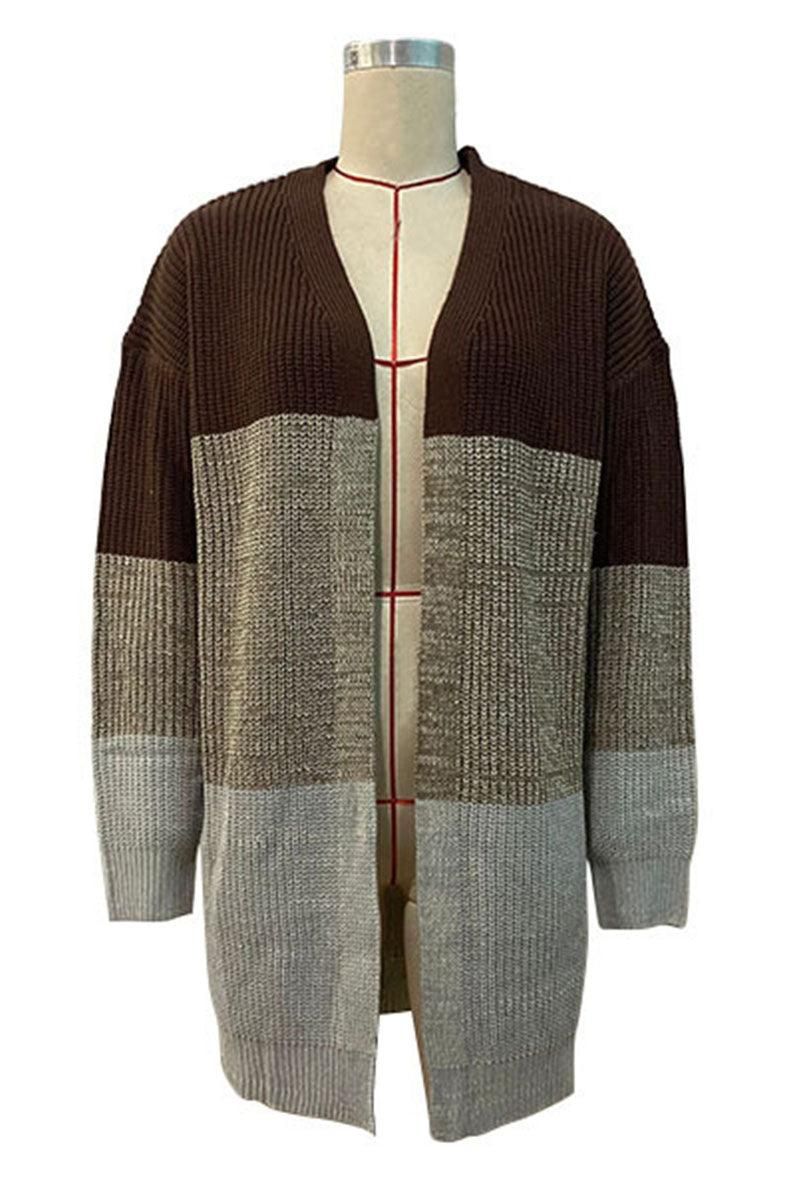 LONG SLEEVE COLOR BLOCK CARDIGAN COAT - Doublju