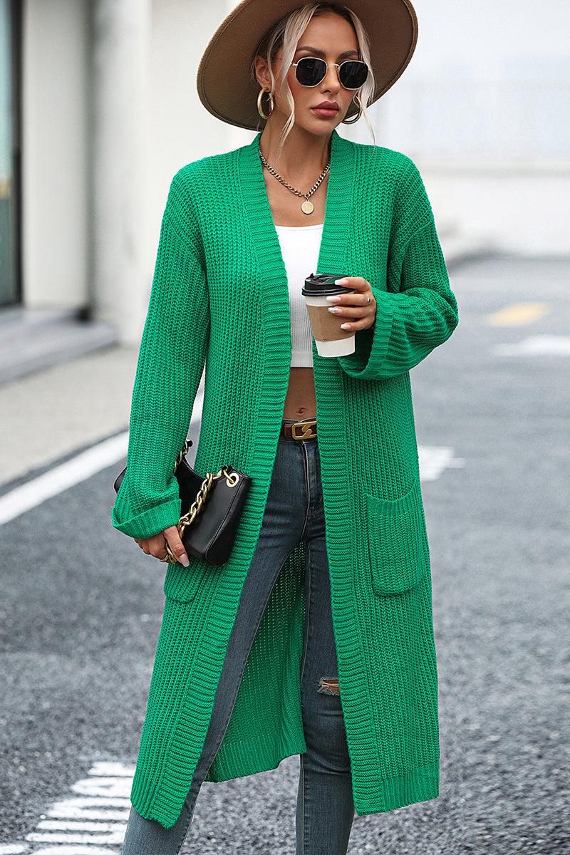 WOMEN WAFFLE KNIT OPEN FRONT LONG CARDIGAL - Doublju