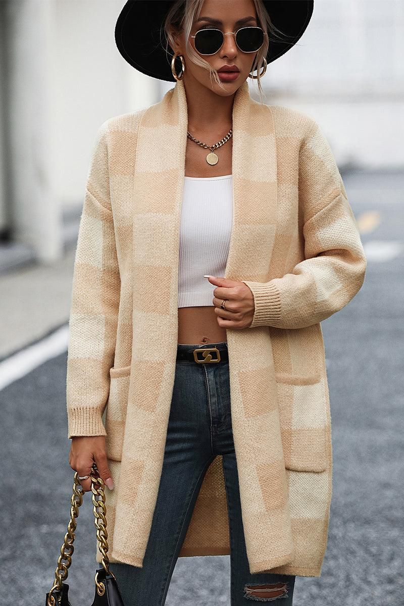 PLAID PATTERN OVERSIZED CARDIGAN WITH POCKETS - Doublju