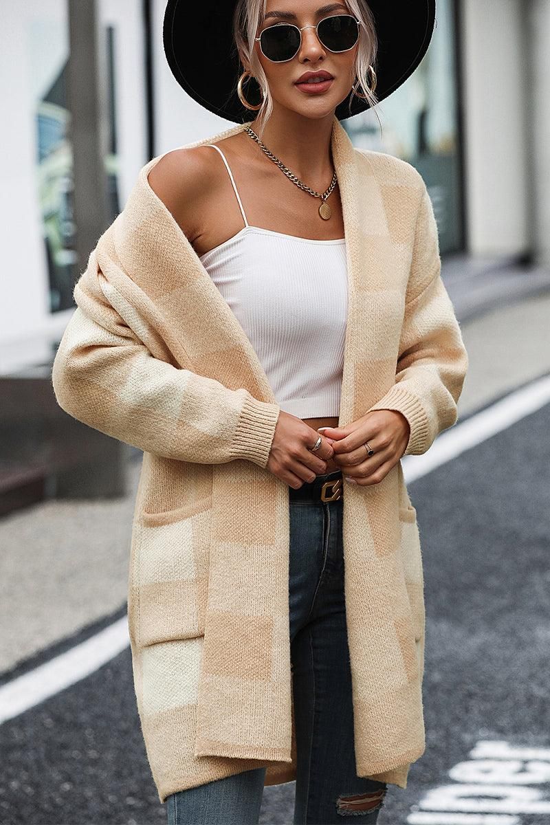 PLAID PATTERN OVERSIZED CARDIGAN WITH POCKETS - Doublju