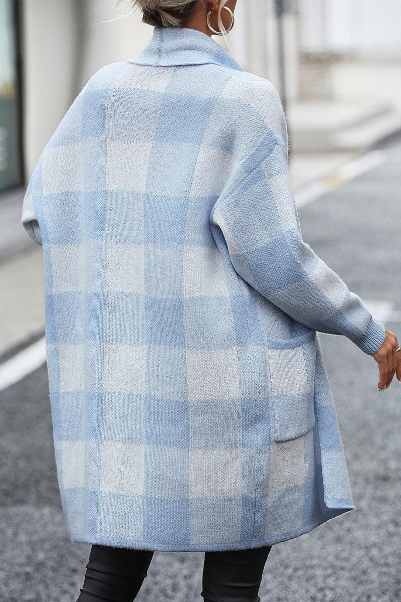 PLAID PATTERN OVERSIZED CARDIGAN WITH POCKETS - Doublju