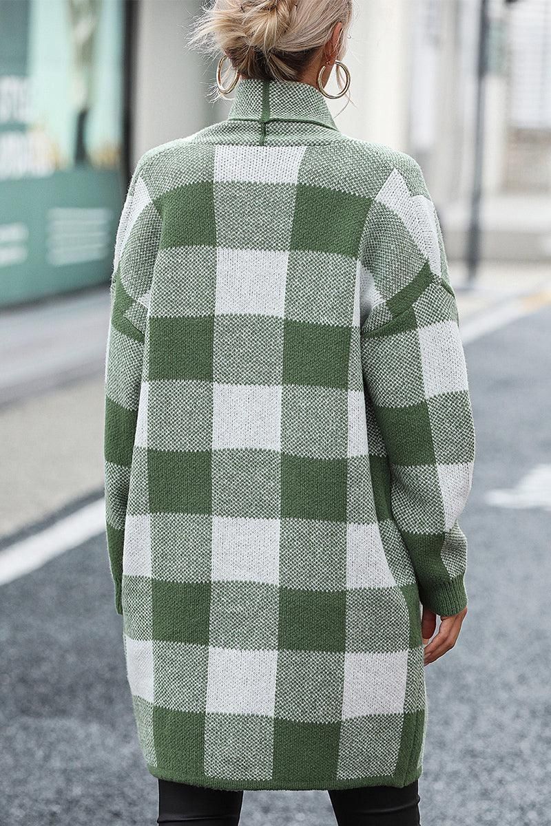 PLAID PATTERN OVERSIZED CARDIGAN WITH POCKETS - Doublju