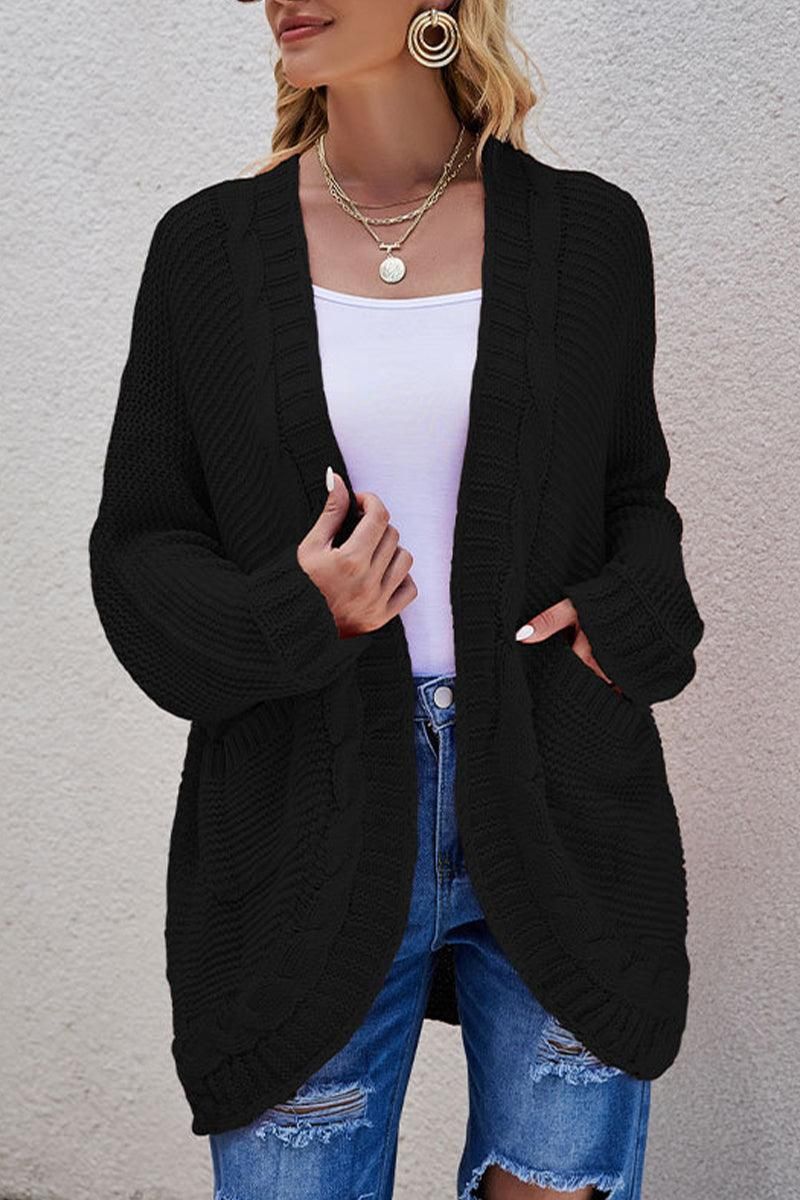 WOMEN OVERSIZED RIBBED HEM MID LENGTH CARDIGAN - Doublju