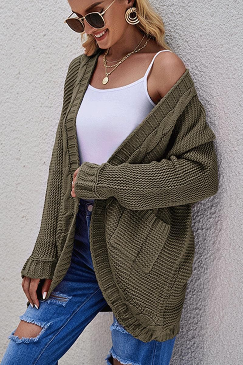WOMEN OVERSIZED RIBBED HEM MID LENGTH CARDIGAN - Doublju