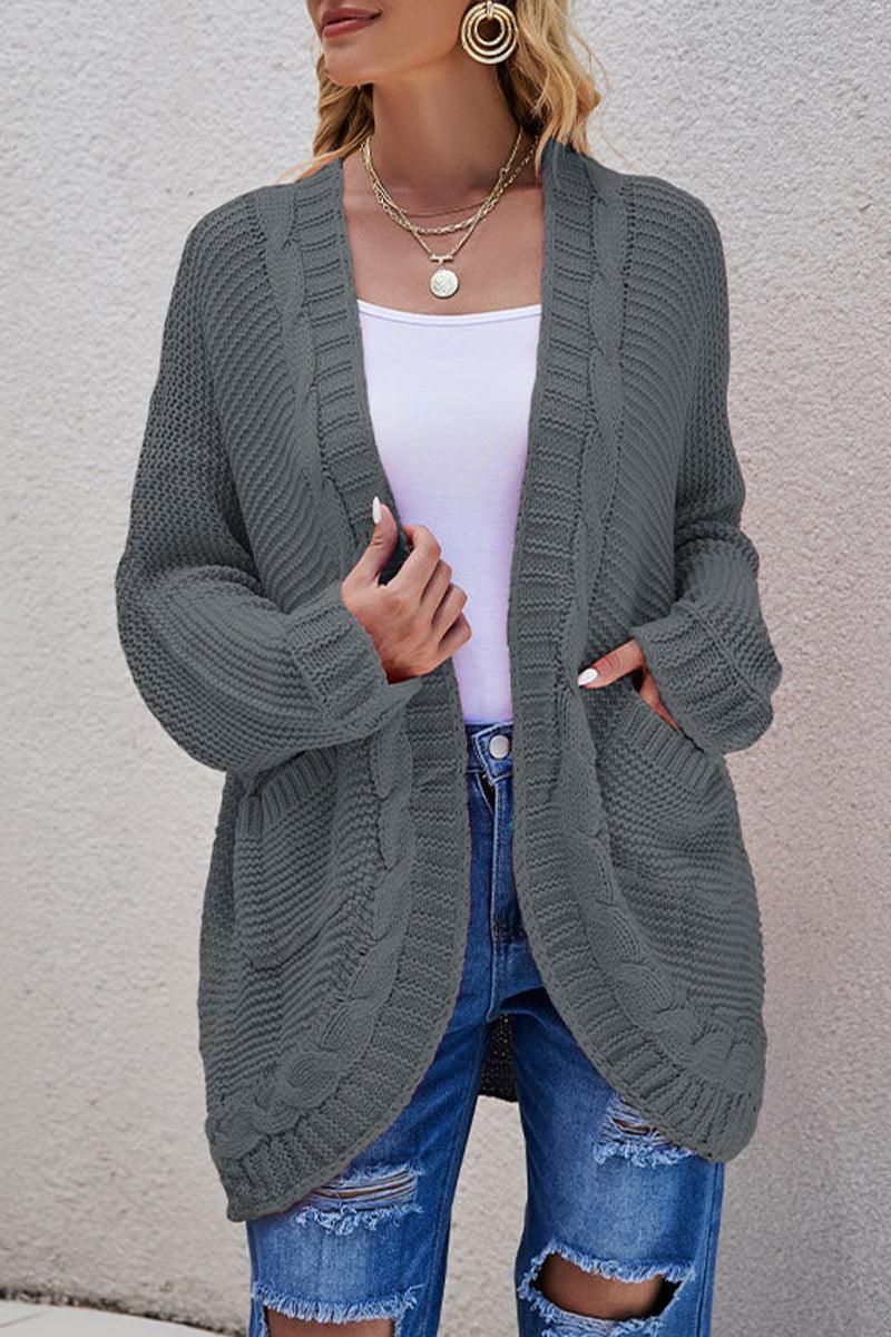 WOMEN OVERSIZED RIBBED HEM MID LENGTH CARDIGAN - Doublju
