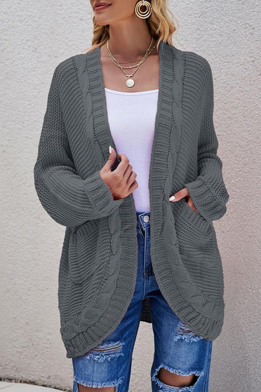 WOMEN OVERSIZED RIBBED HEM MID LENGTH CARDIGAN - Doublju