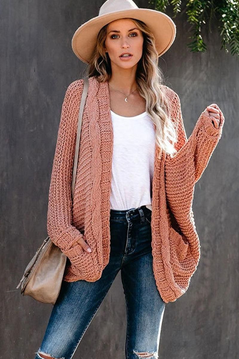 WOMEN OVERSIZED RIBBED HEM MID LENGTH CARDIGAN - Doublju