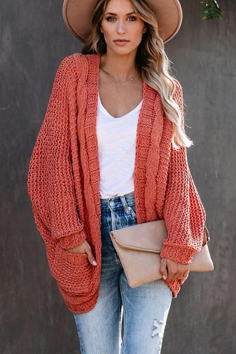 WOMEN OVERSIZED RIBBED HEM MID LENGTH CARDIGAN - Doublju