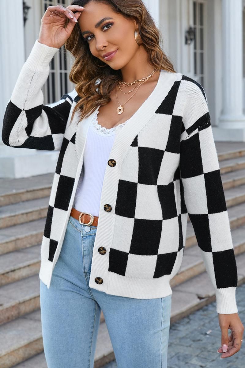 BUFFALO PLAID BUTTON CLOSURE V NECK CARDIGAN - Doublju