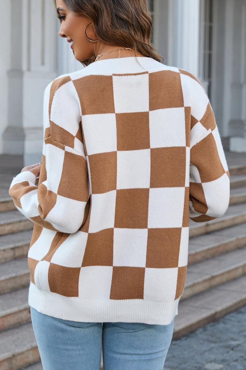 BUFFALO PLAID BUTTON CLOSURE V NECK CARDIGAN - Doublju