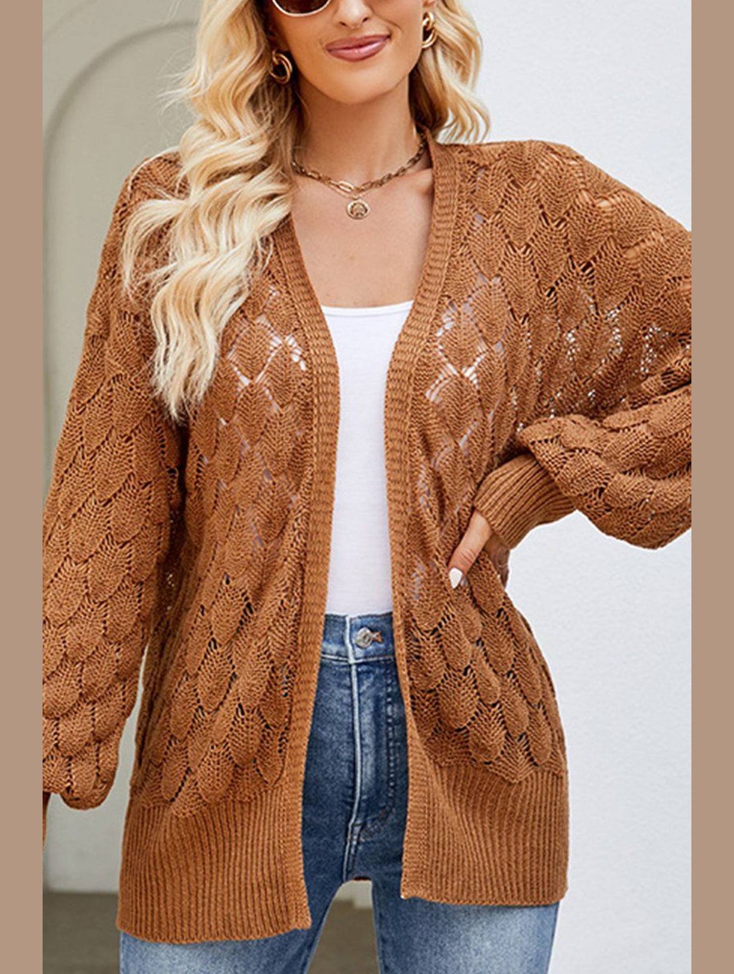 WOMEN HOLLOW OUT KNITTED SWEAT CARDIGAN