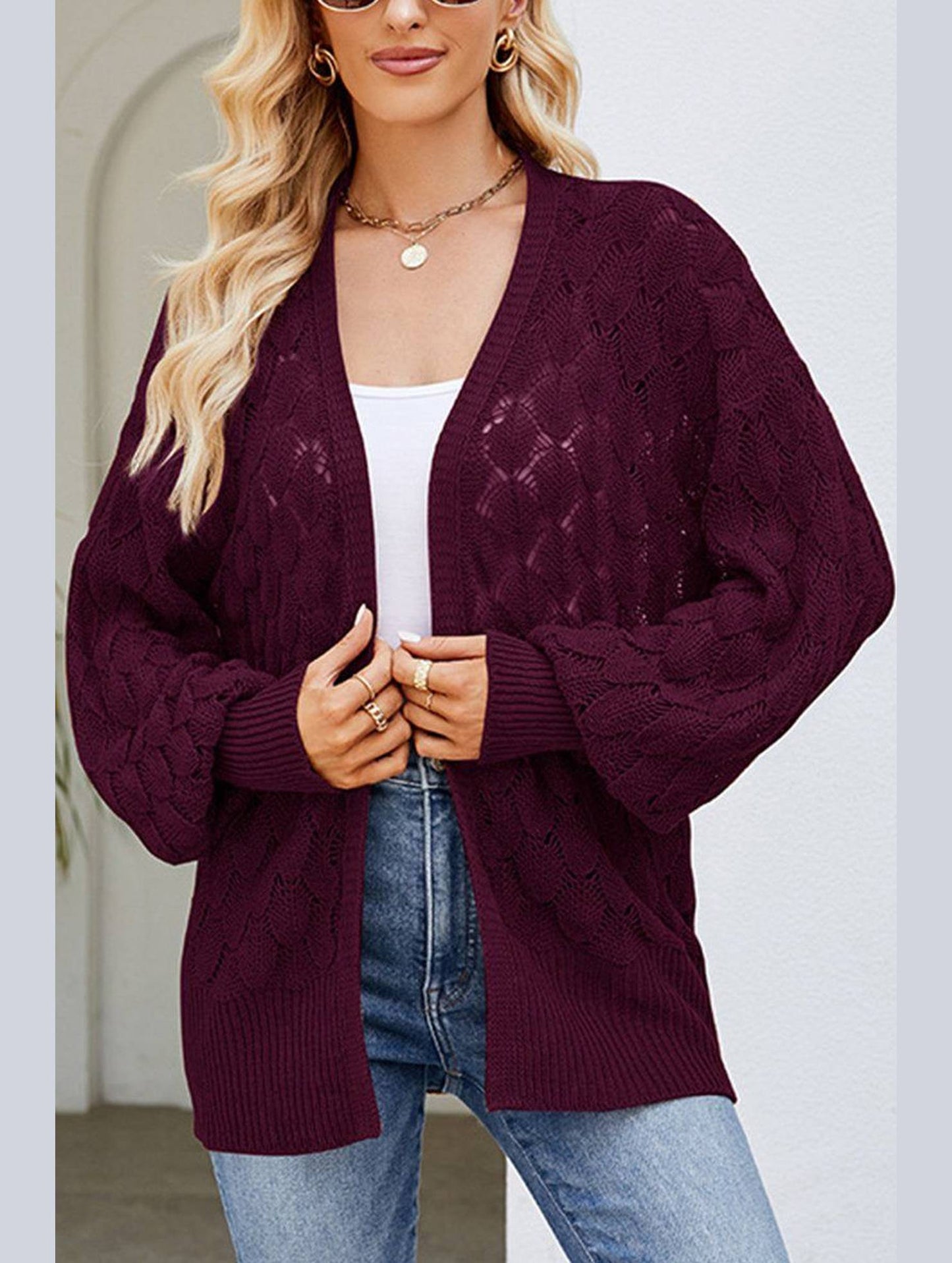 WOMEN HOLLOW OUT KNITTED SWEAT CARDIGAN