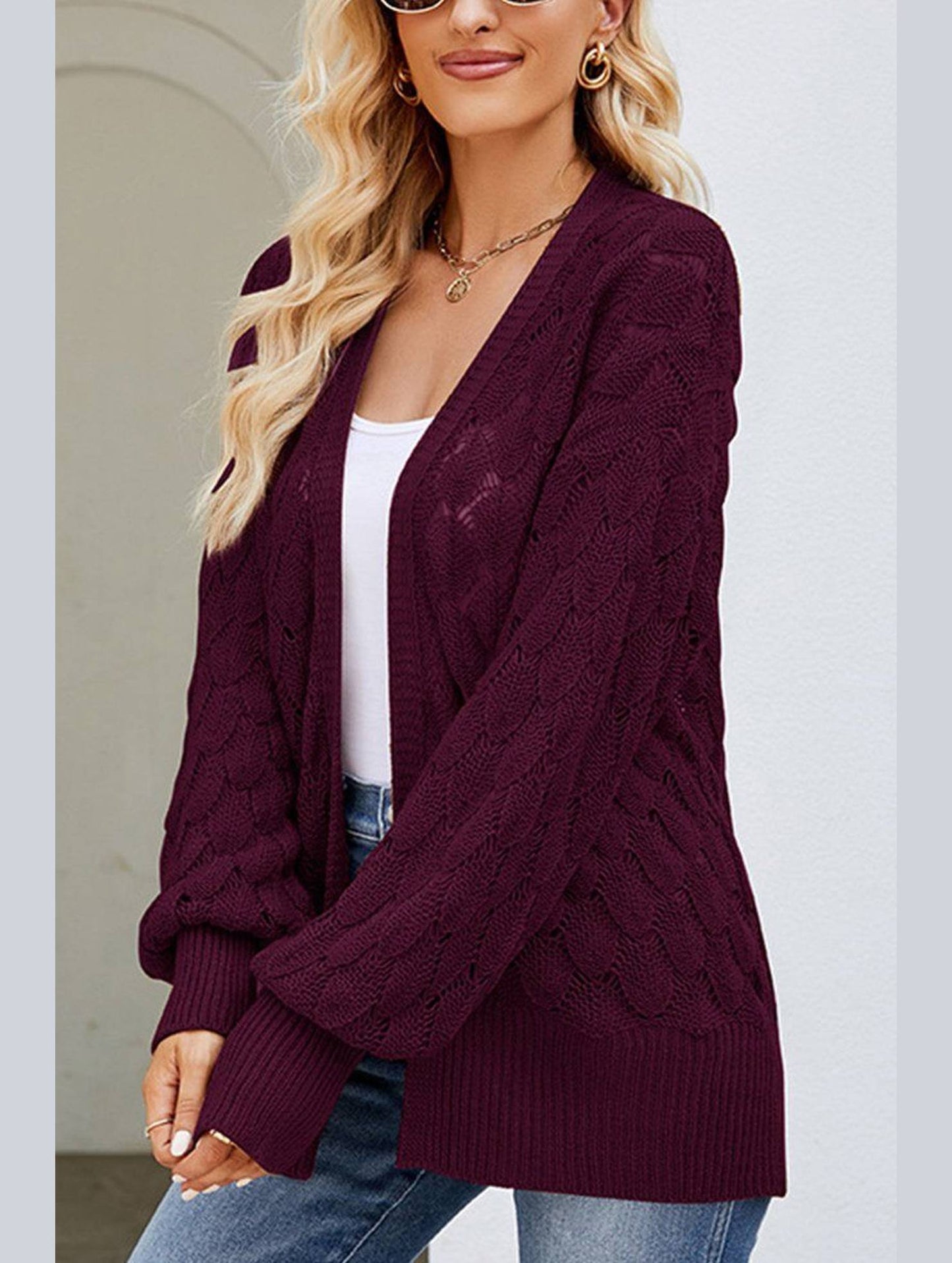 WOMEN HOLLOW OUT KNITTED SWEAT CARDIGAN