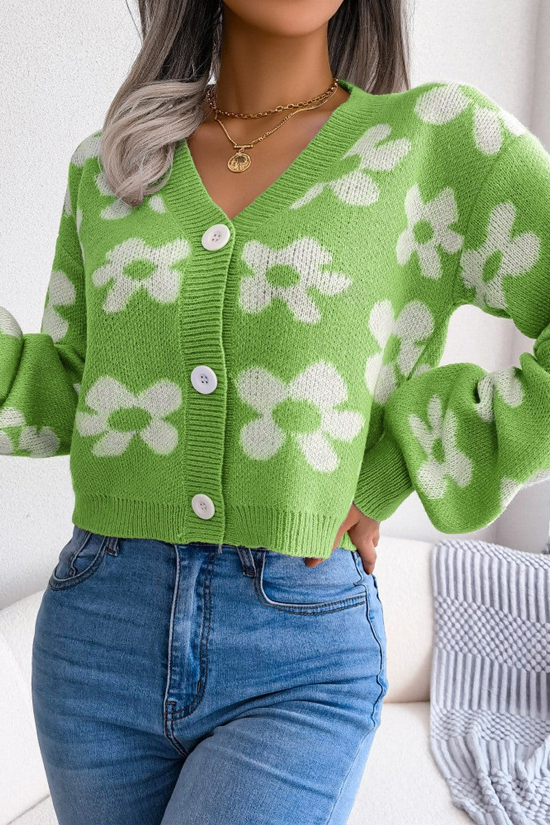 WOMEN FLOWER PRINTING COZY BUTTON UP CARDIGAN