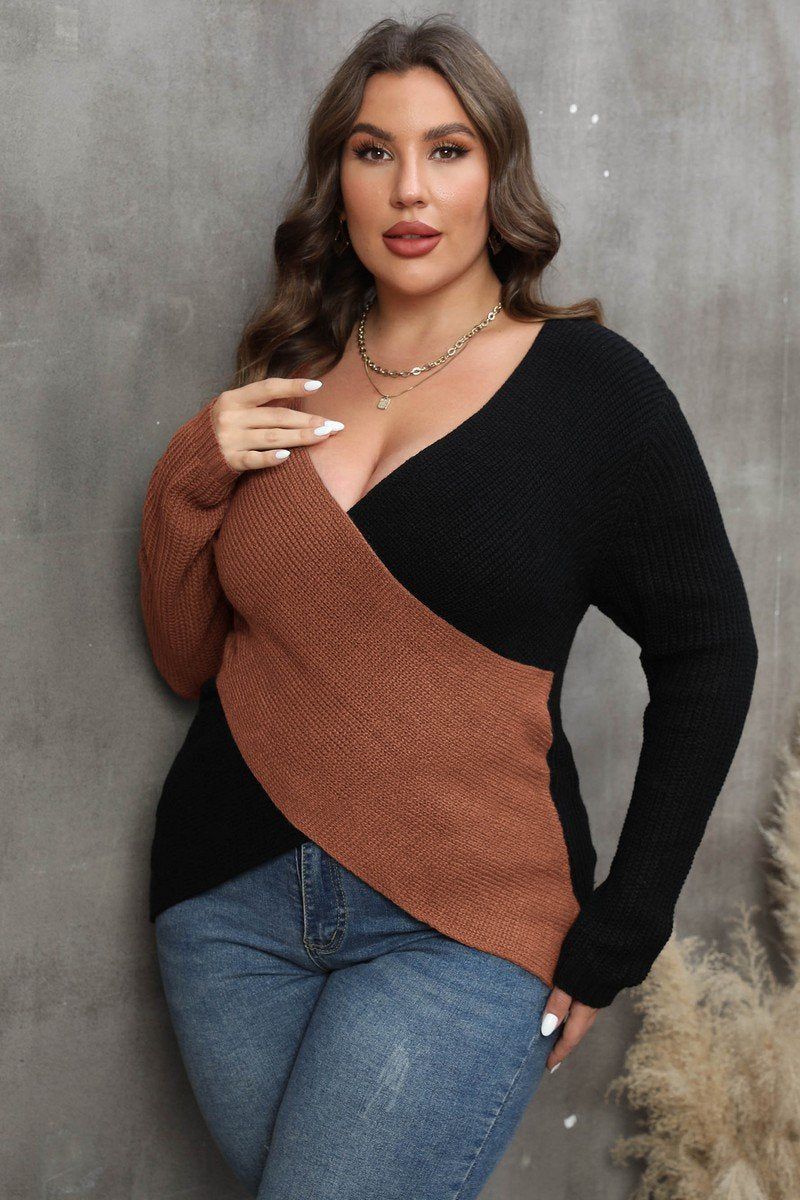 WOMEN PLUS SIZE SEXY DEEP NECK CROSS WRAP SWEATER