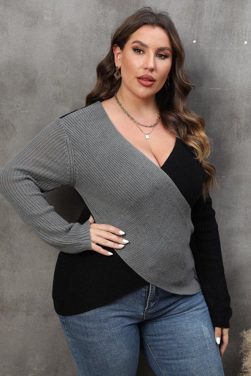 WOMEN PLUS SIZE SEXY DEEP NECK CROSS WRAP SWEATER