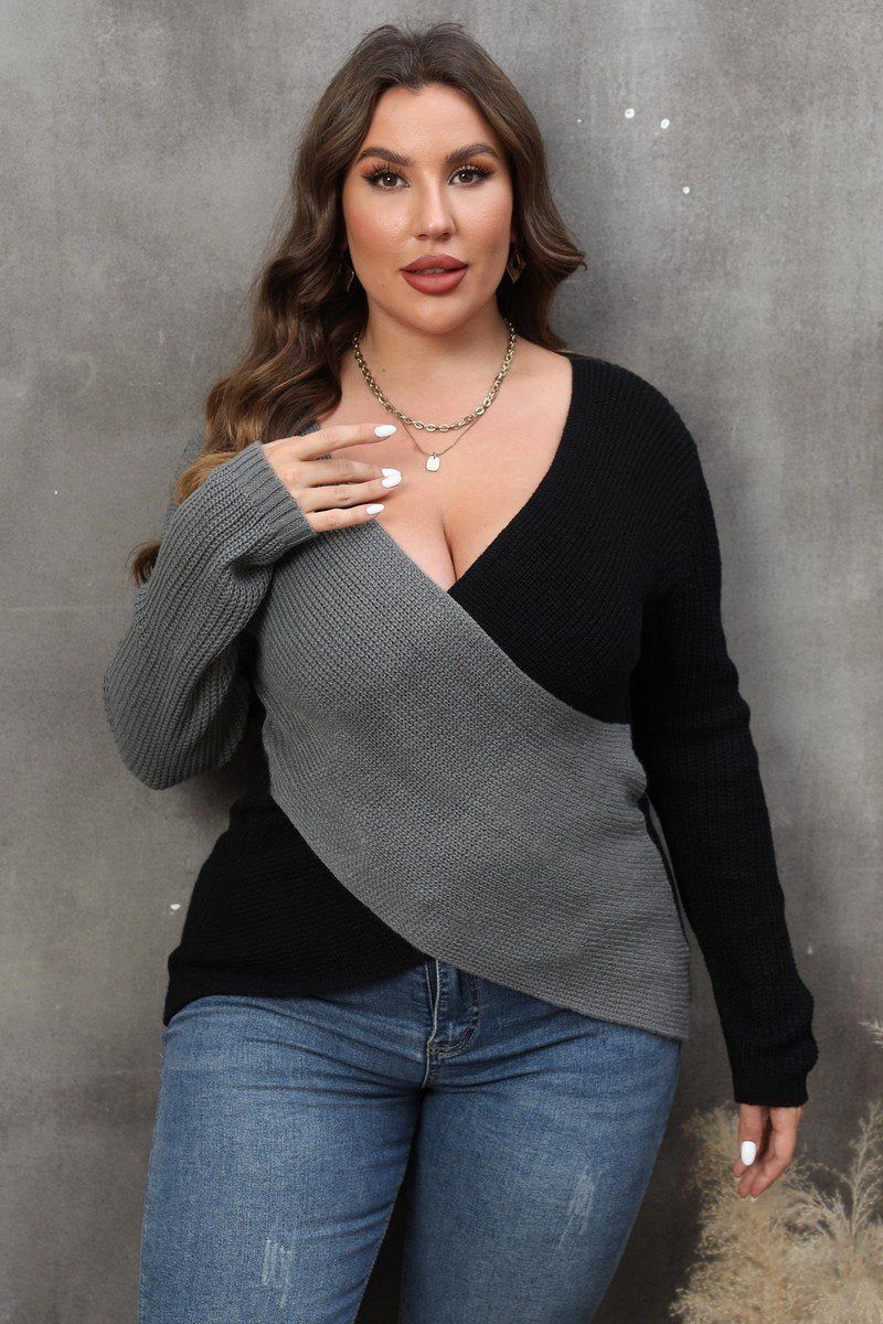 WOMEN PLUS SIZE SEXY DEEP NECK CROSS WRAP SWEATER