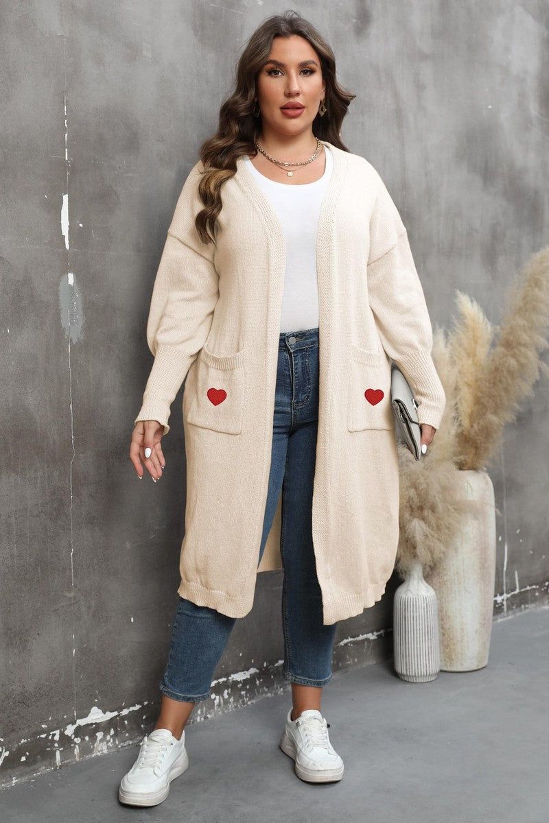 WOMEN HEART PRINTING POCKET KNIT CARDIGAN