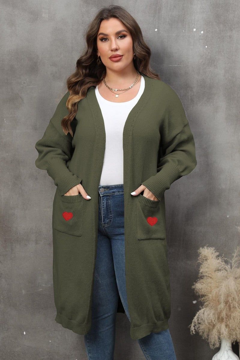WOMEN HEART PRINTING POCKET KNIT CARDIGAN