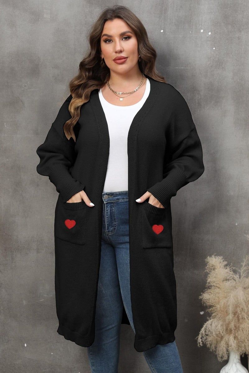 WOMEN HEART PRINTING POCKET KNIT CARDIGAN