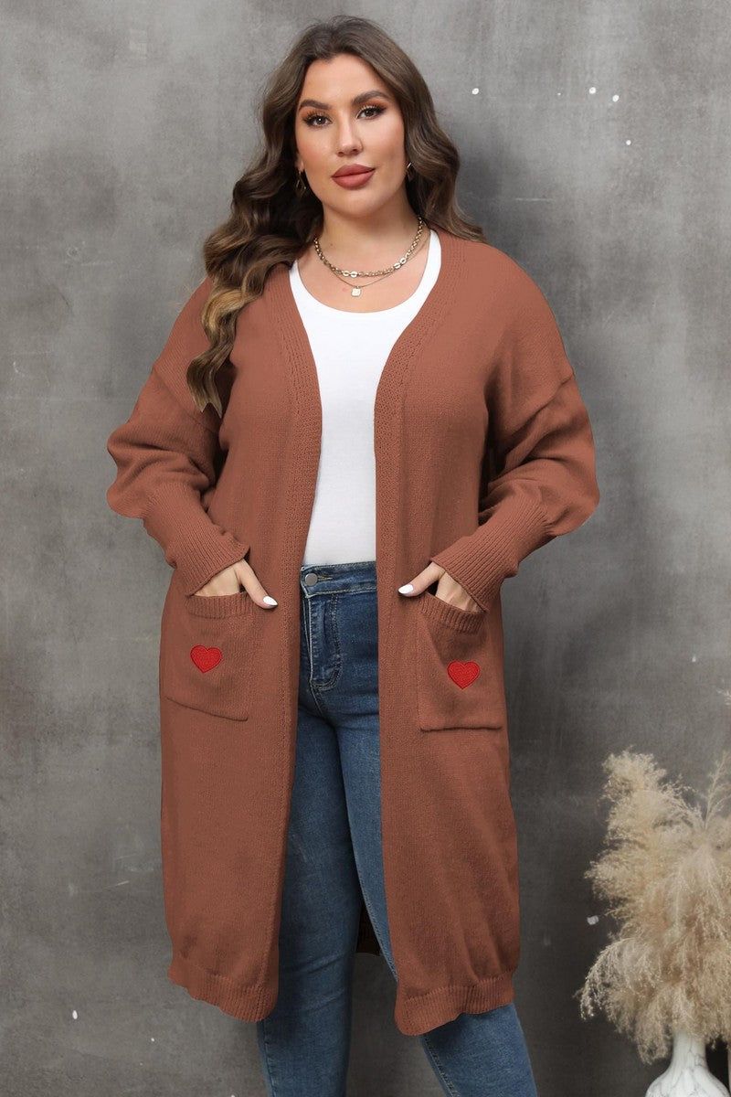 WOMEN HEART PRINTING POCKET KNIT CARDIGAN