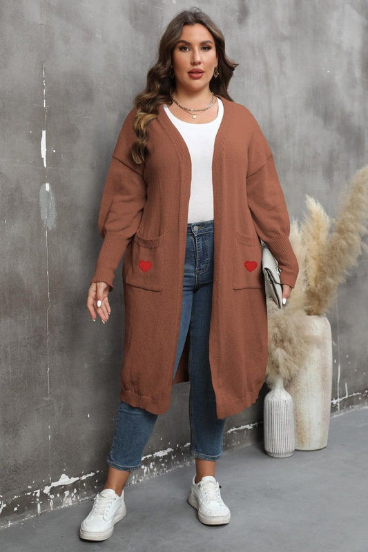 WOMEN HEART PRINTING POCKET KNIT CARDIGAN