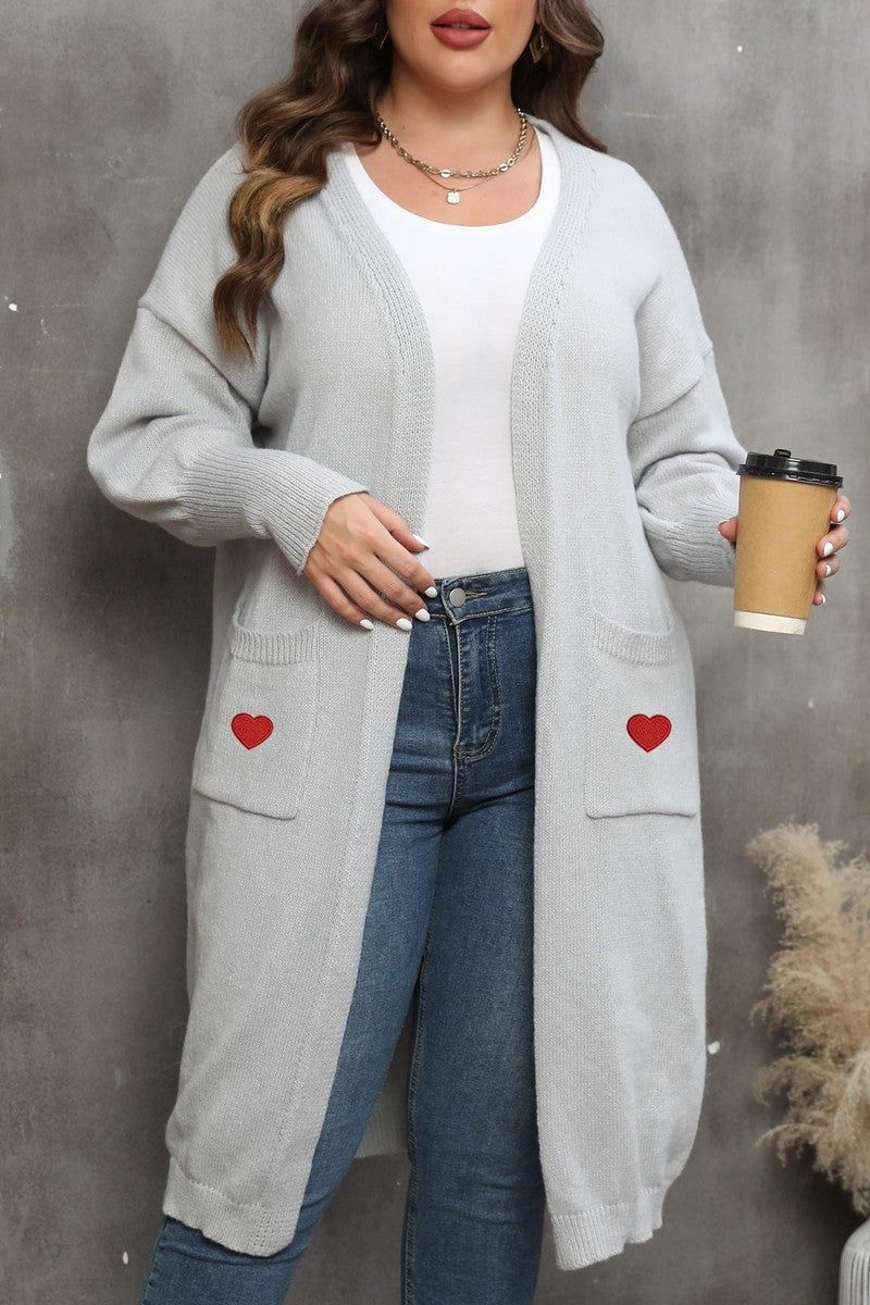 WOMEN HEART PRINTING POCKET KNIT CARDIGAN