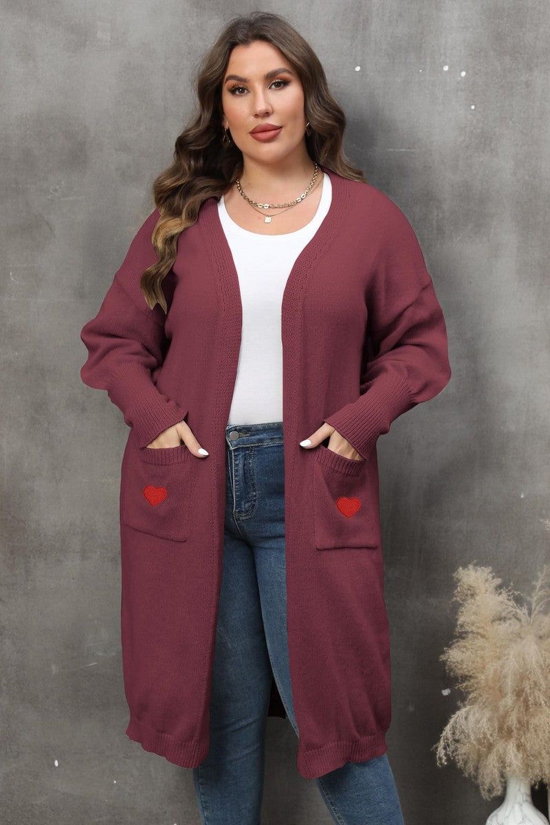 WOMEN HEART PRINTING POCKET KNIT CARDIGAN