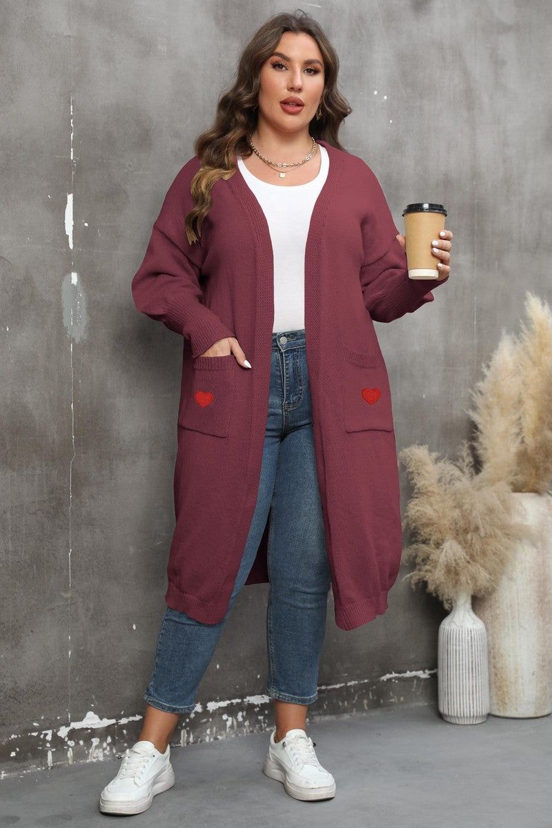 WOMEN HEART PRINTING POCKET KNIT CARDIGAN