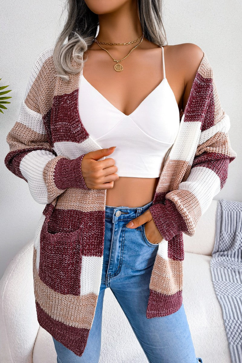 WOMEN COLOR BLOCK OPEN FRONT KNIT CARDIGAN