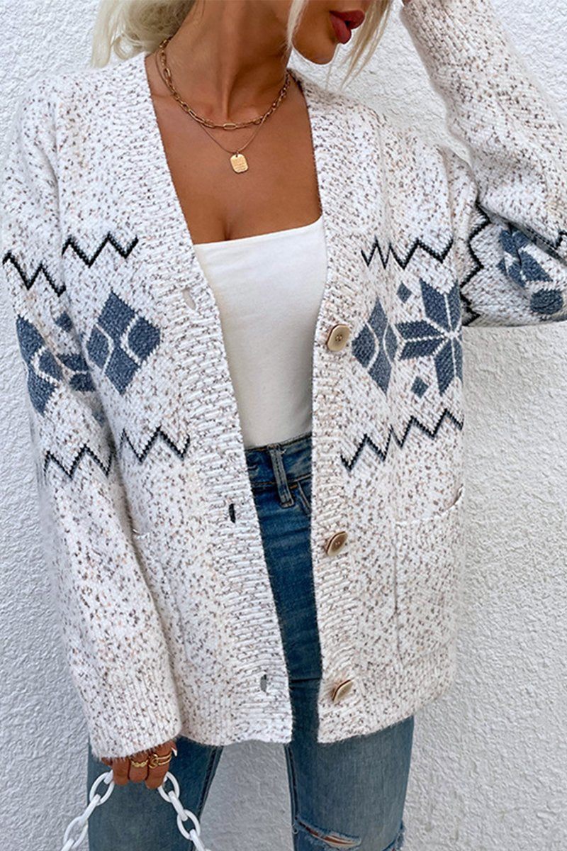 WOMEN WINTER SNOWFLAKE PRINTING BUTTONED CARDIGAN