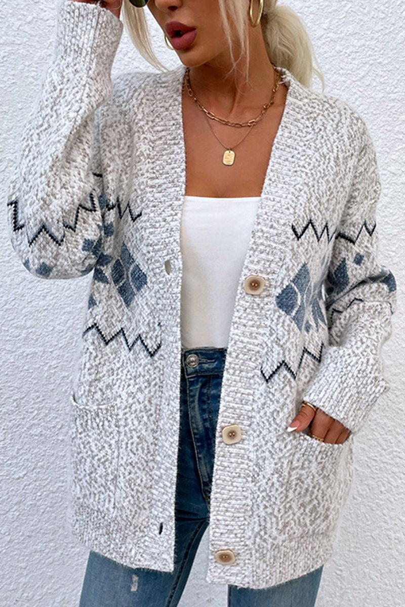 WOMEN WINTER SNOWFLAKE PRINTING BUTTONED CARDIGAN