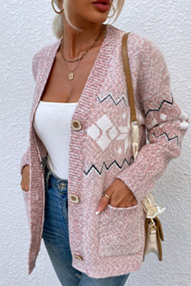 WOMEN WINTER SNOWFLAKE PRINTING BUTTONED CARDIGAN