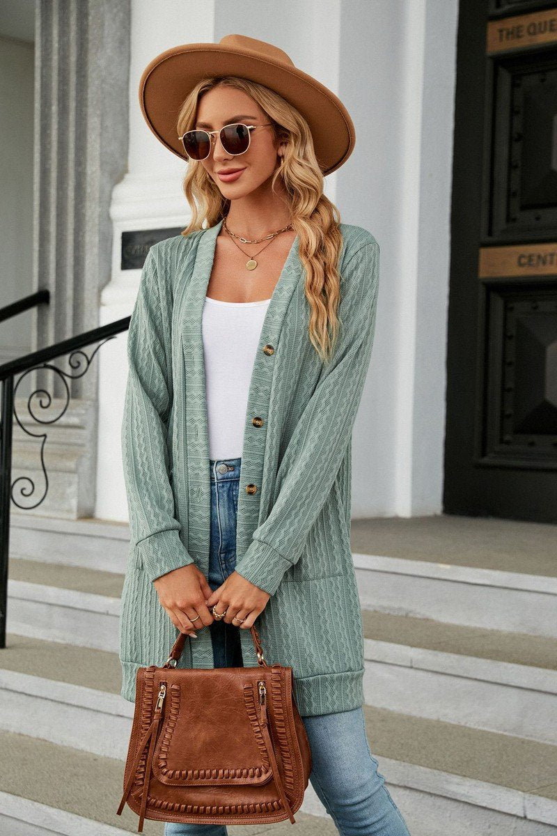 WOMEN WAVE PATTERN STITCHED KNEE LENGTH CARDIGAN