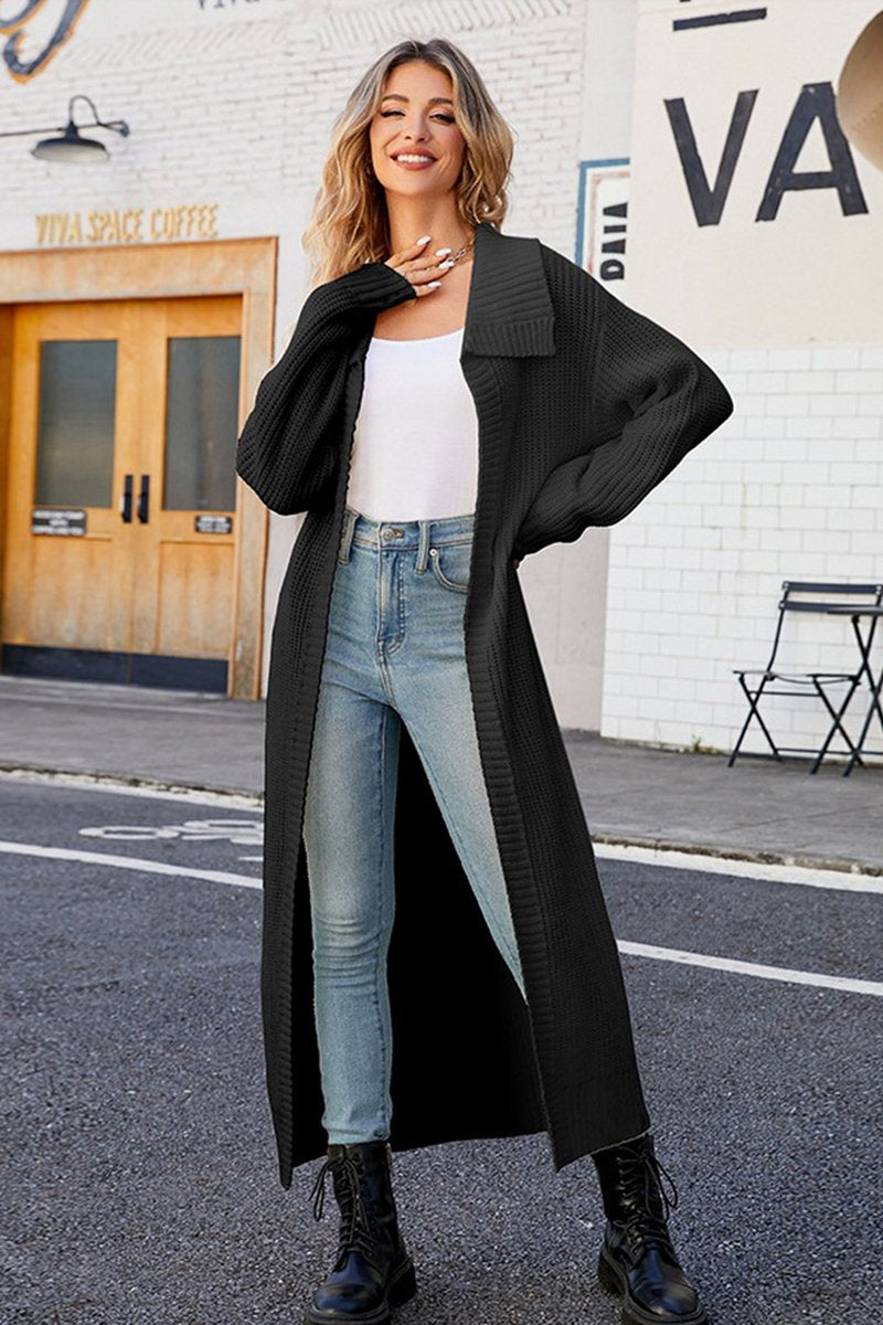 WOMEN WAFFLE KNIT LAPEL LONG LENGTH CARDIGAN