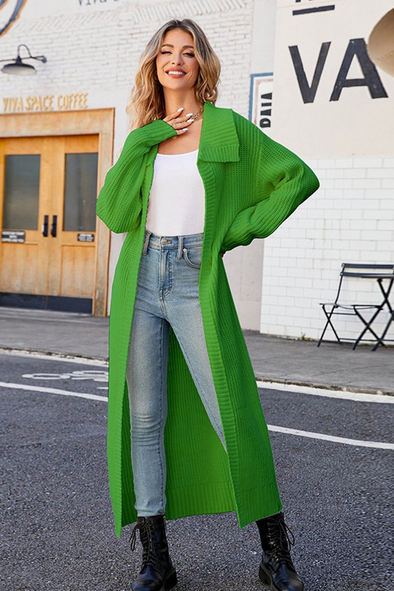 WOMEN WAFFLE KNIT LAPEL LONG LENGTH CARDIGAN